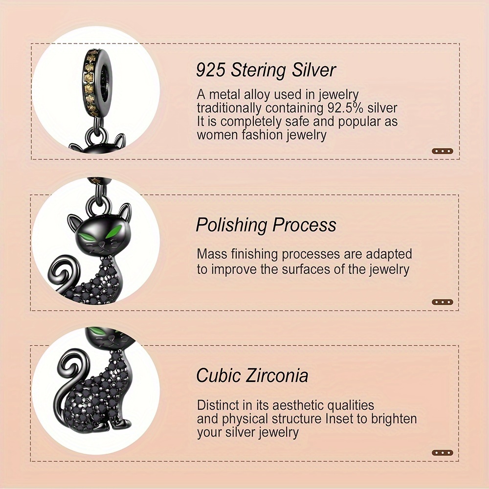 925 Silver Women Cat Dangle Charm for Bracelet & Necklace